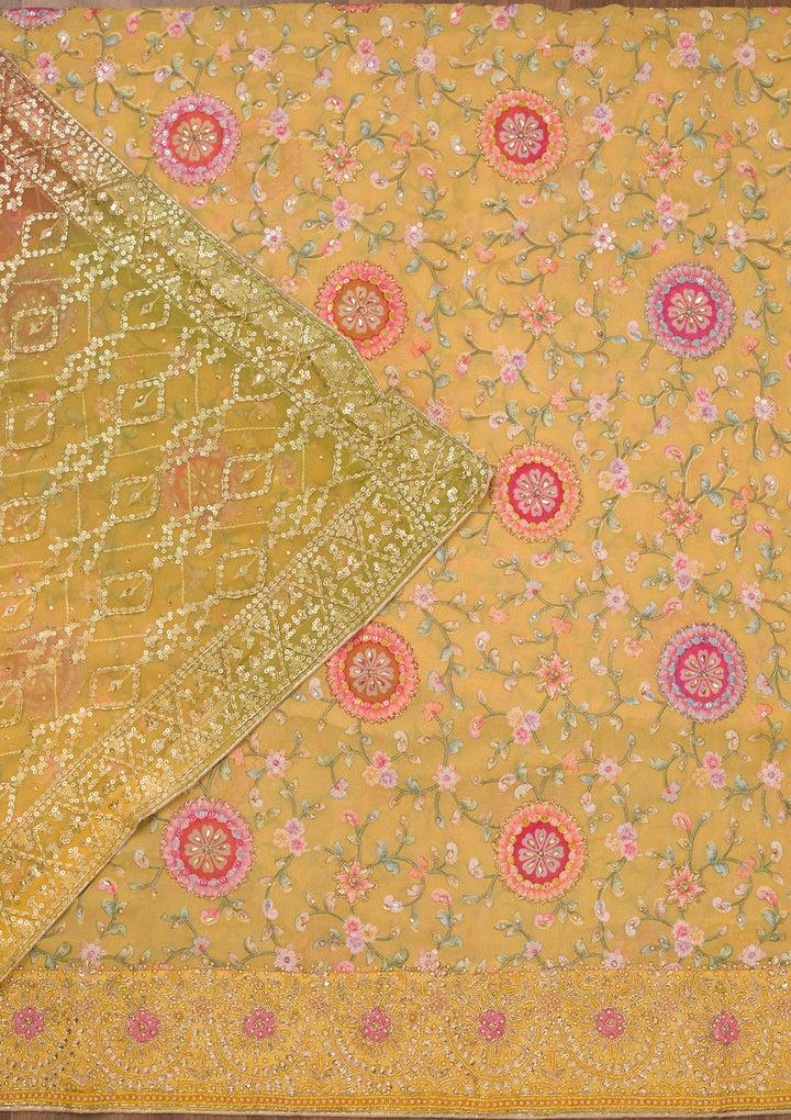 Yellow Threadwork Semi Crepe Unstitched Salwar Suit