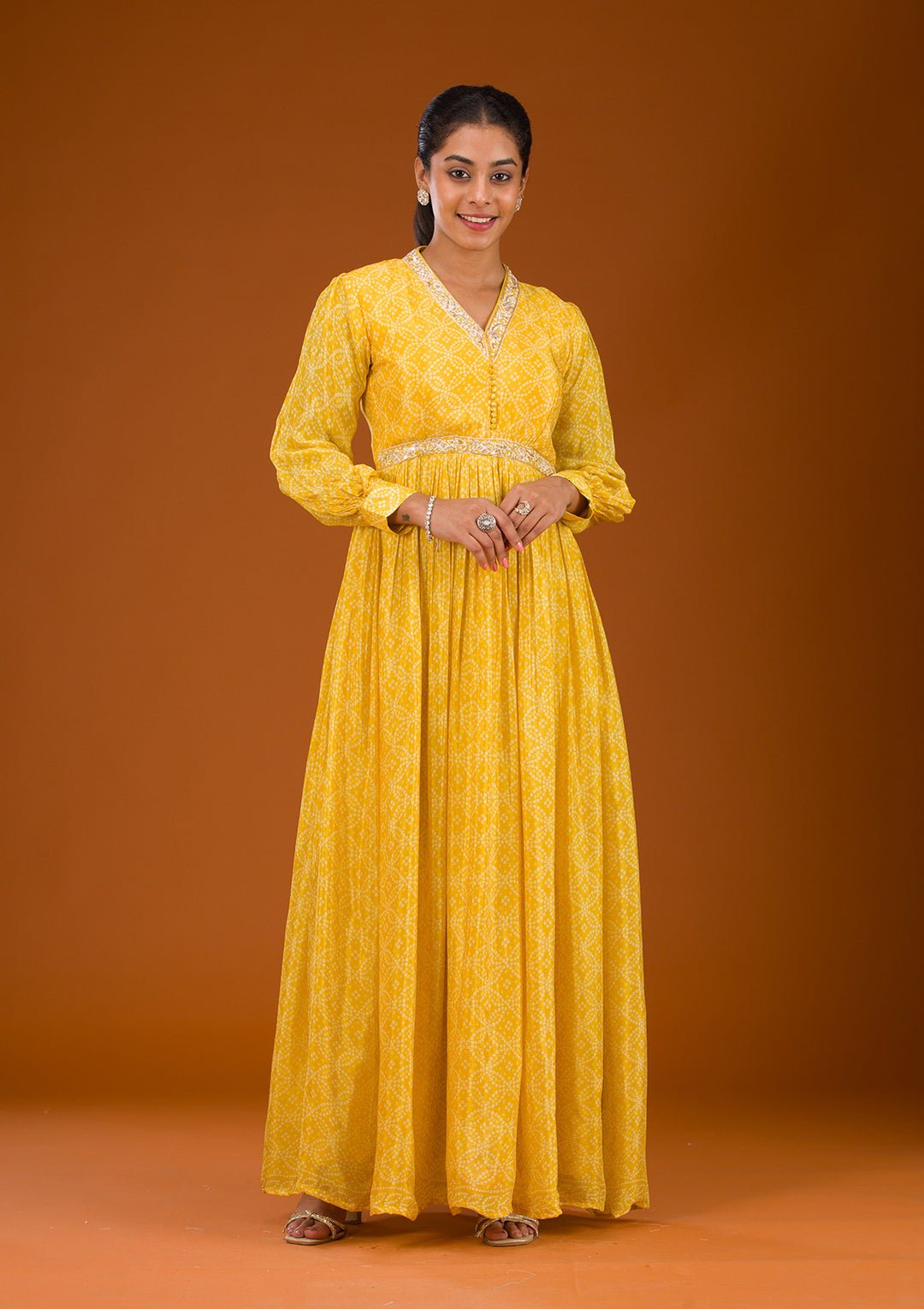 Yellow Threadwork Semi Crepe Readymade Salwar Suit