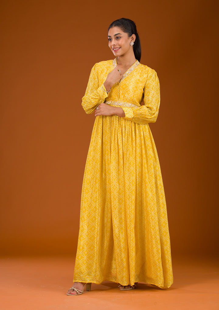 Yellow Threadwork Semi Crepe Readymade Salwar Suit