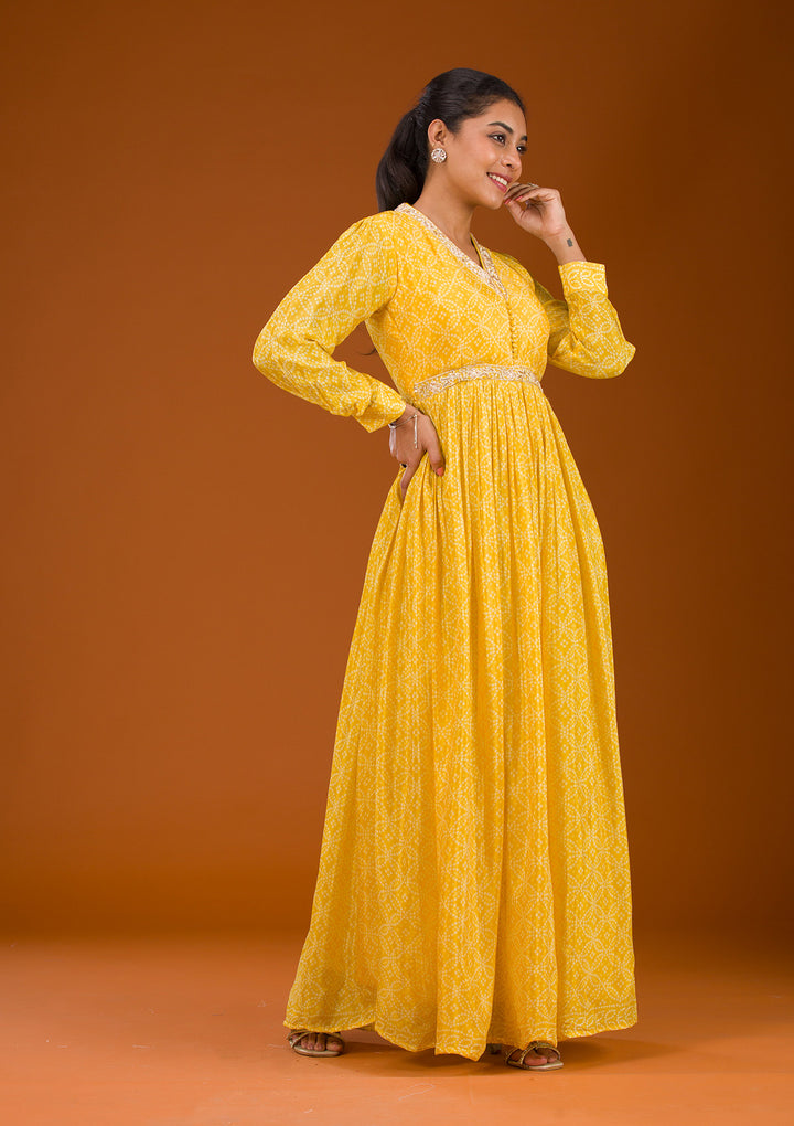 Yellow Threadwork Semi Crepe Readymade Salwar Suit