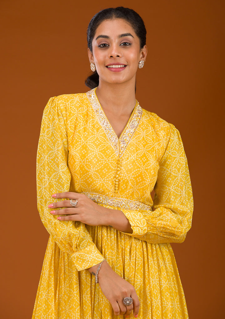 Yellow Threadwork Semi Crepe Readymade Salwar Suit