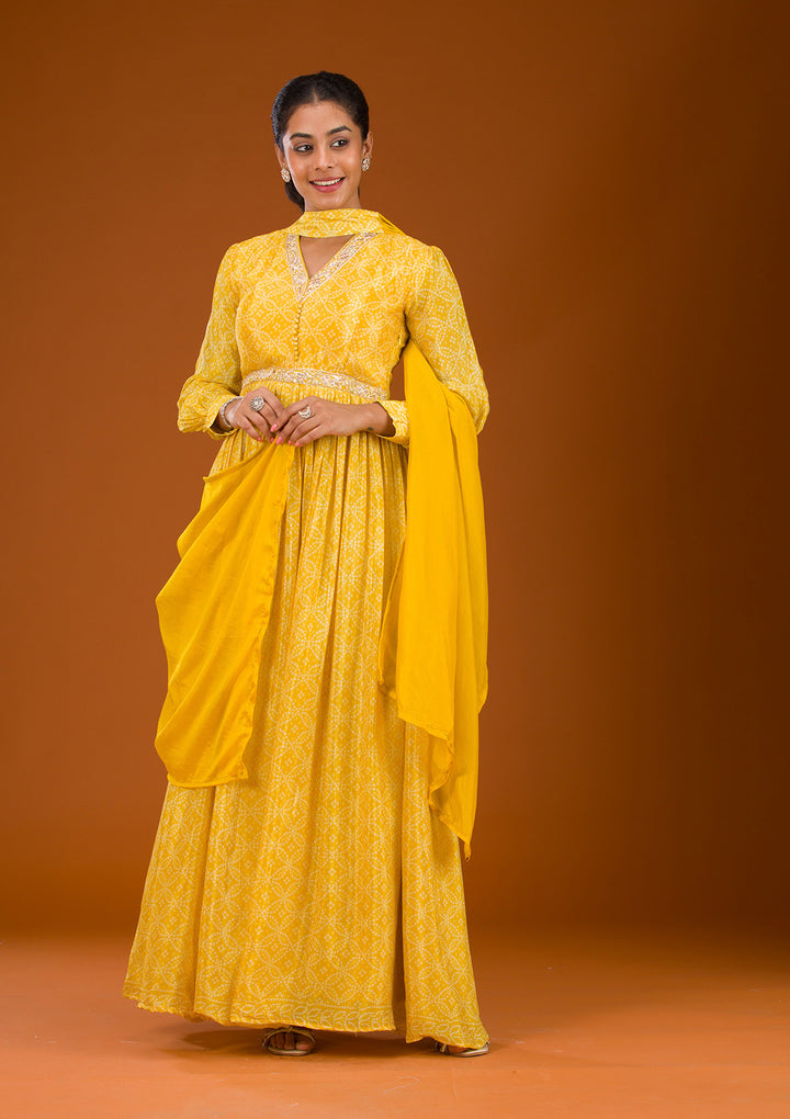 Yellow Threadwork Semi Crepe Readymade Salwar Suit