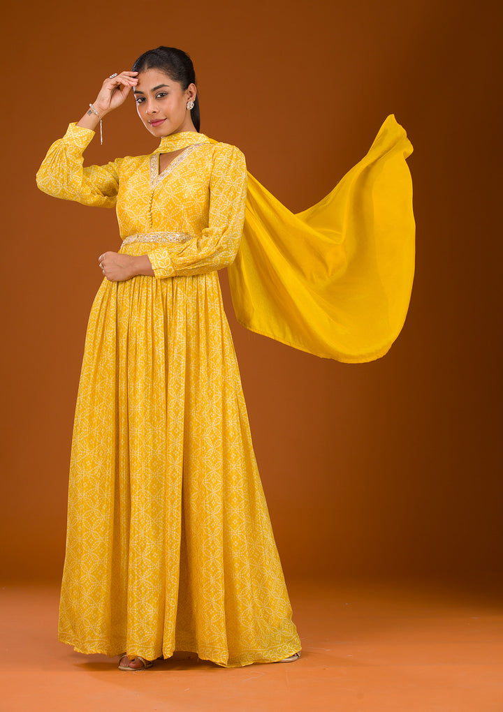Yellow Threadwork Semi Crepe Readymade Salwar Suit