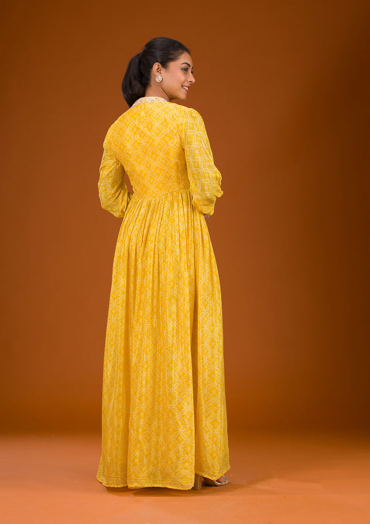 Yellow Threadwork Semi Crepe Readymade Salwar Suit