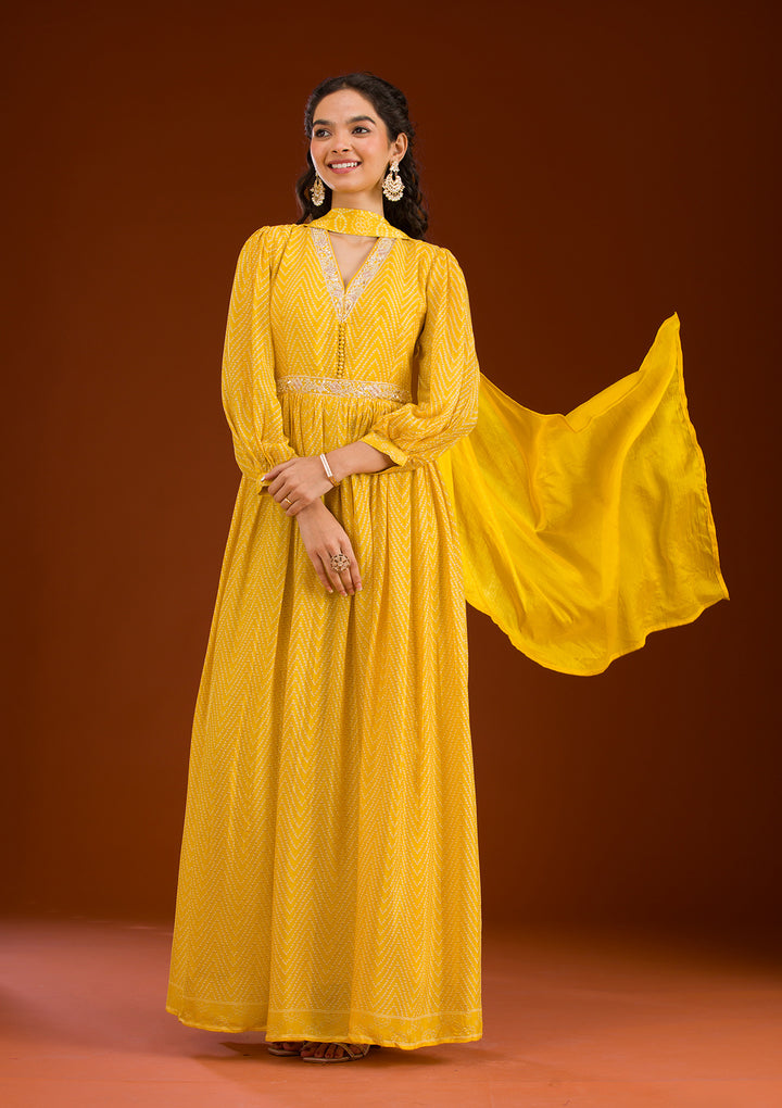 Yellow Threadwork Semi Crepe Readymade Salwar Suit
