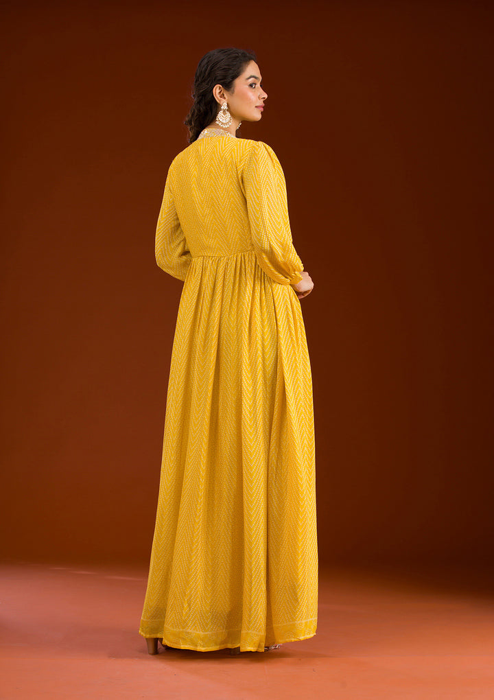 Yellow Threadwork Semi Crepe Readymade Salwar Suit