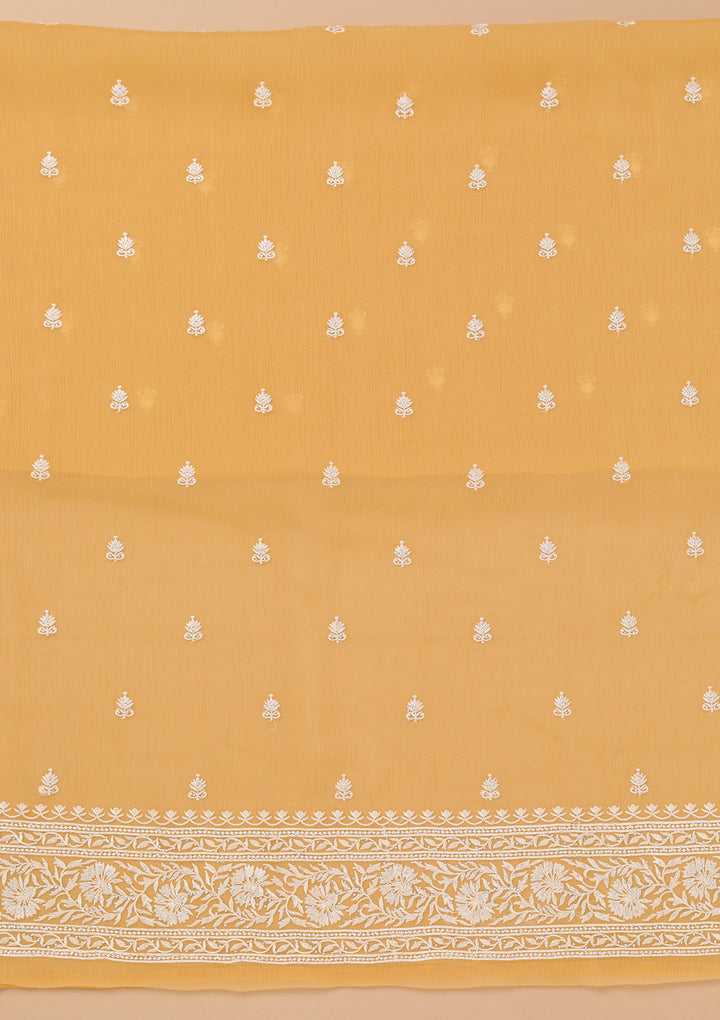 Yellow Threadwork Semi Crepe Unstitched Salwar Suit