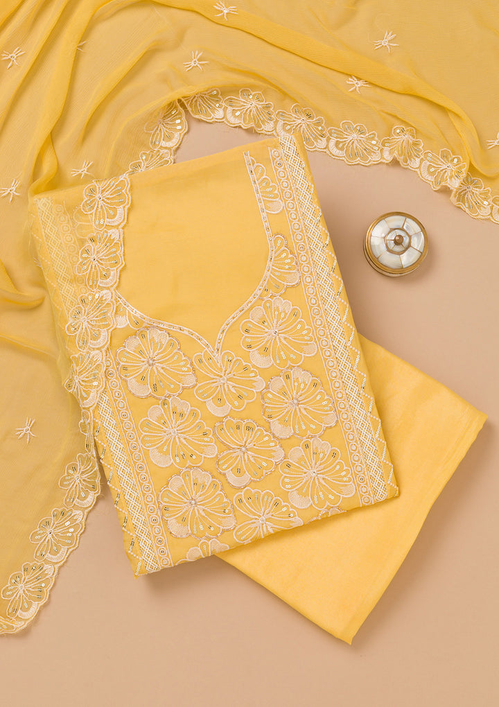 Yellow Threadwork Semi Crepe Unstitched Salwar Suit