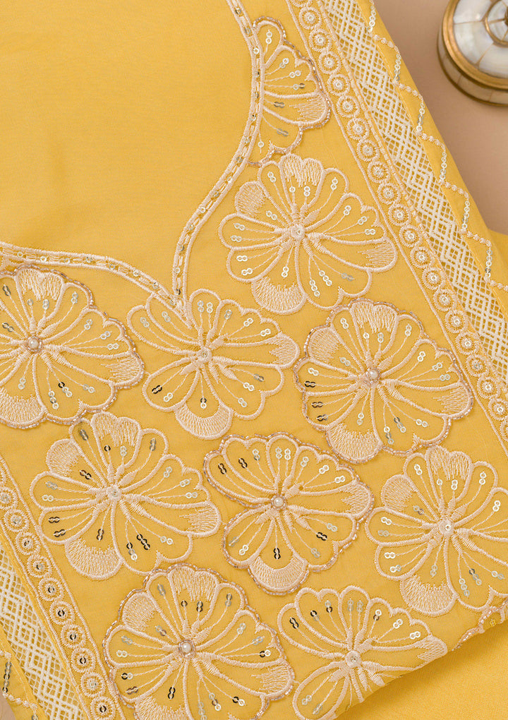 Yellow Threadwork Semi Crepe Unstitched Salwar Suit