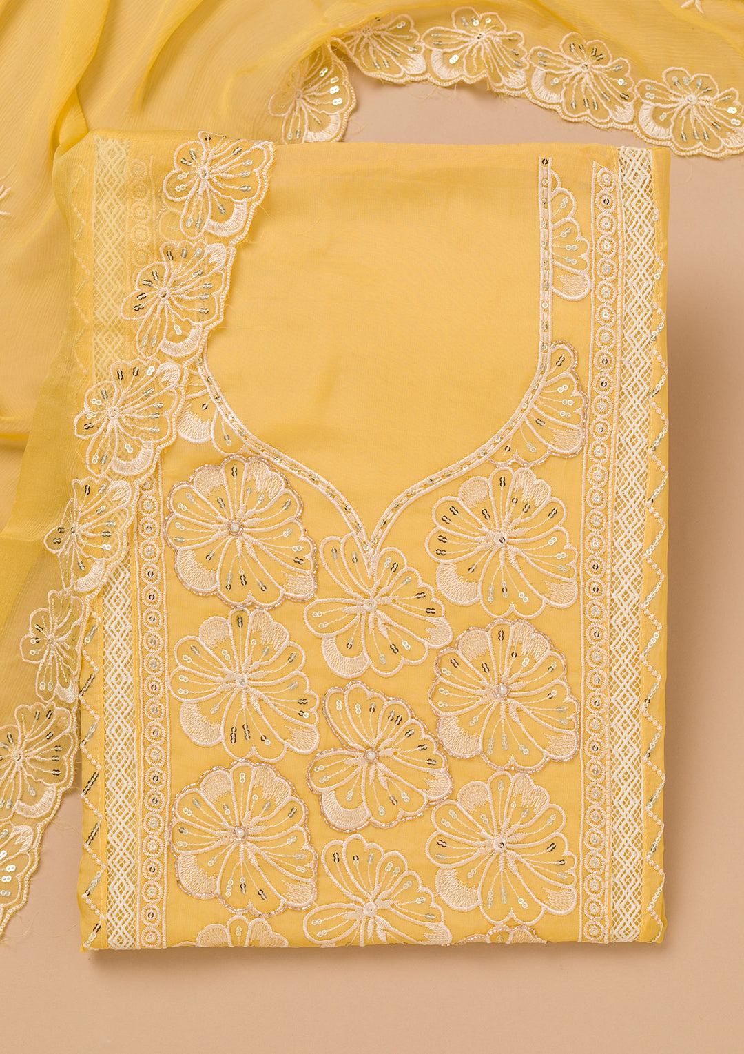 Yellow Threadwork Semi Crepe Unstitched Salwar Suit