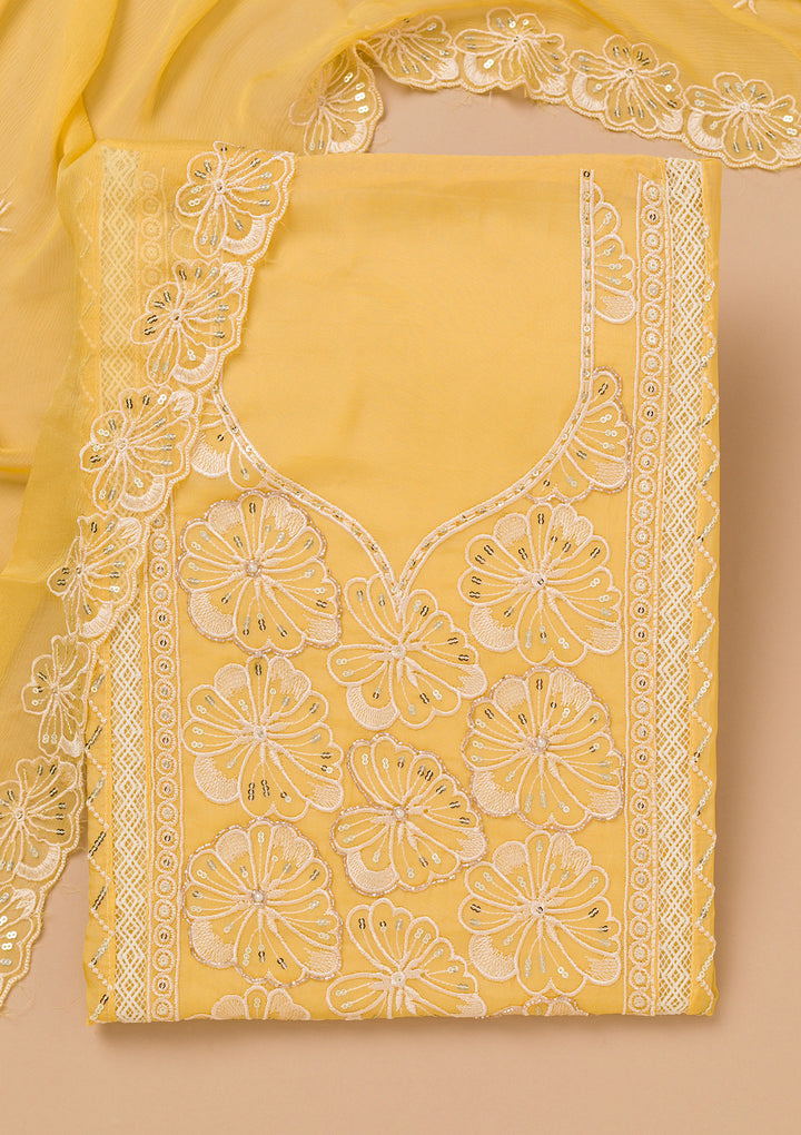 Yellow Threadwork Semi Crepe Unstitched Salwar Suit