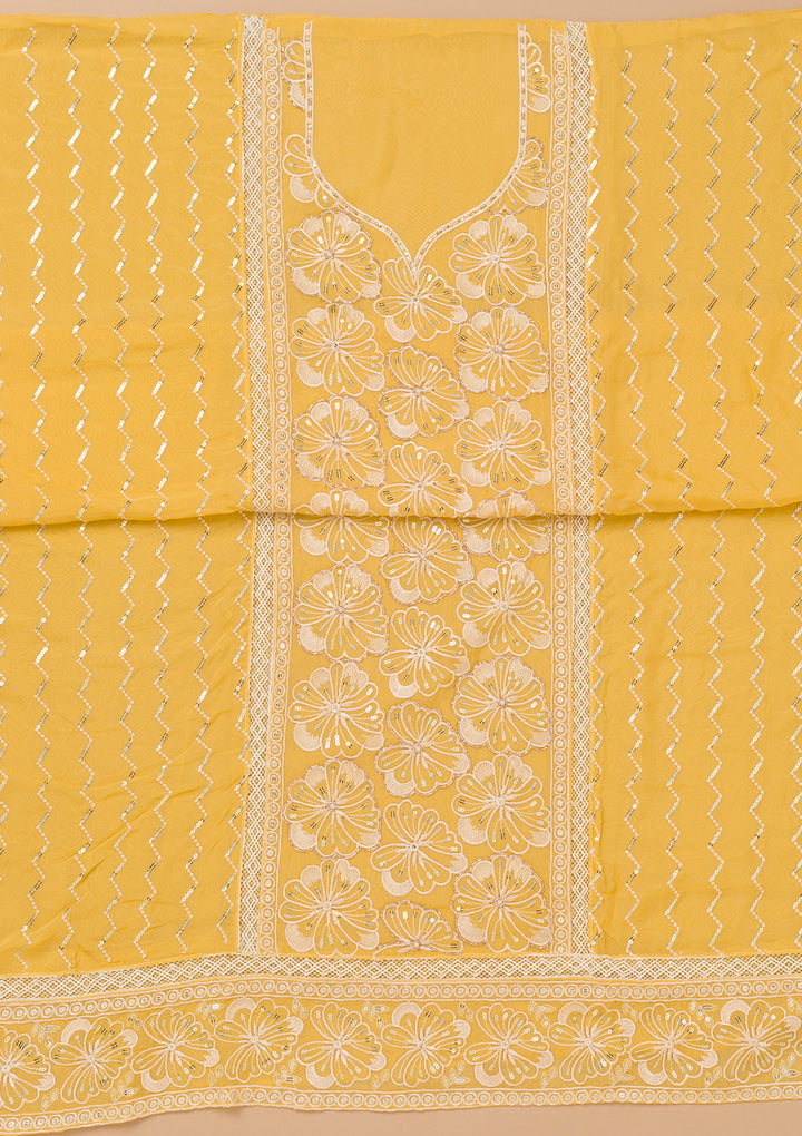 Yellow Threadwork Semi Crepe Unstitched Salwar Suit