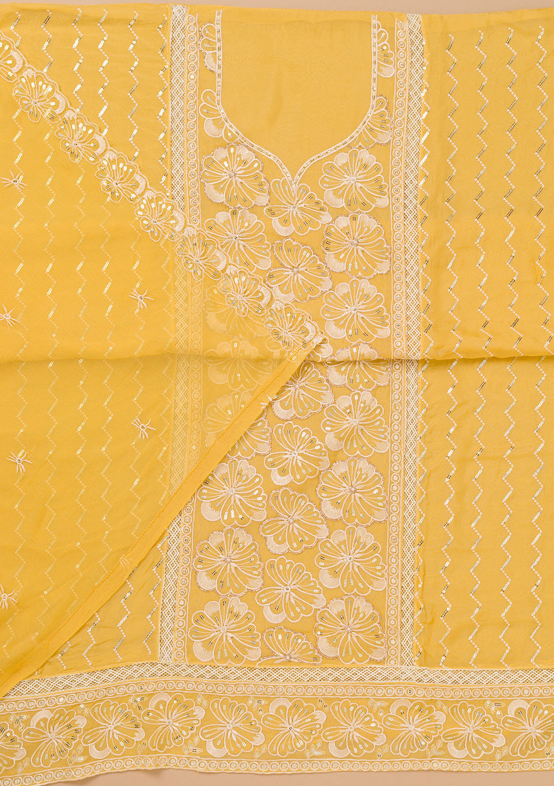Yellow Threadwork Semi Crepe Unstitched Salwar Suit