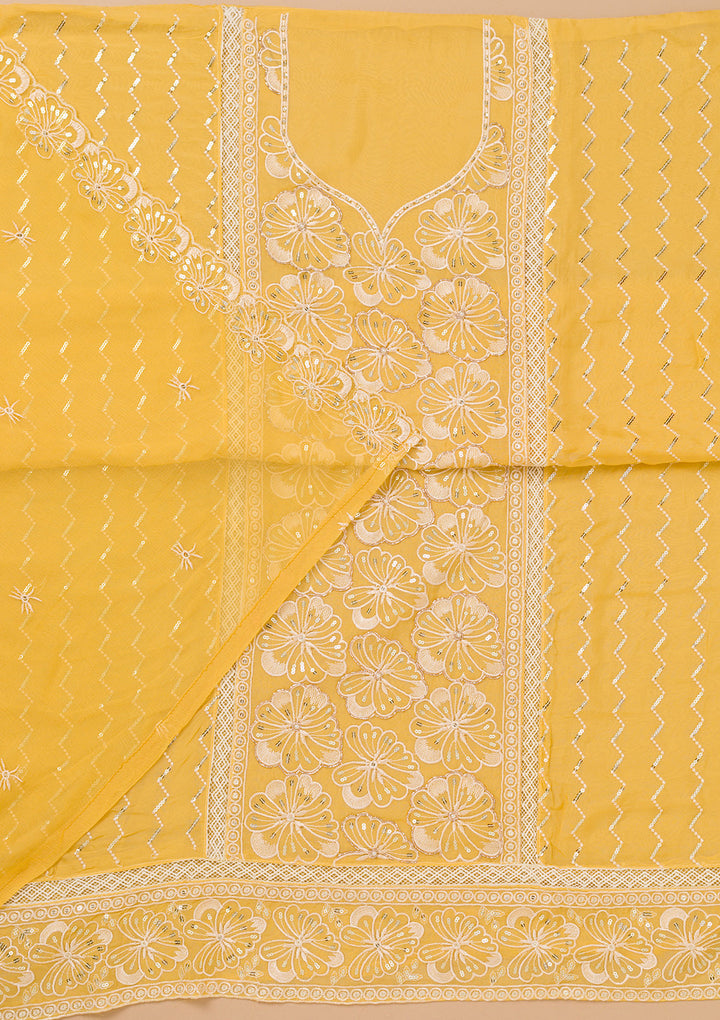 Yellow Threadwork Semi Crepe Unstitched Salwar Suit