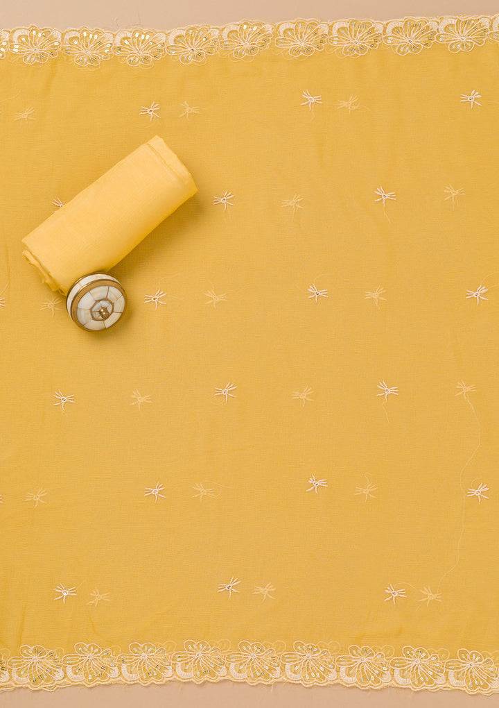Yellow Threadwork Semi Crepe Unstitched Salwar Suit