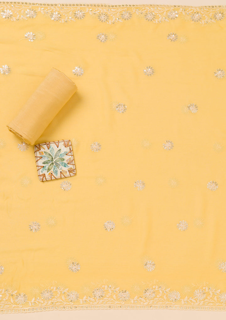 Yellow Threadwork Semi Crepe Unstitched Salwar Suit