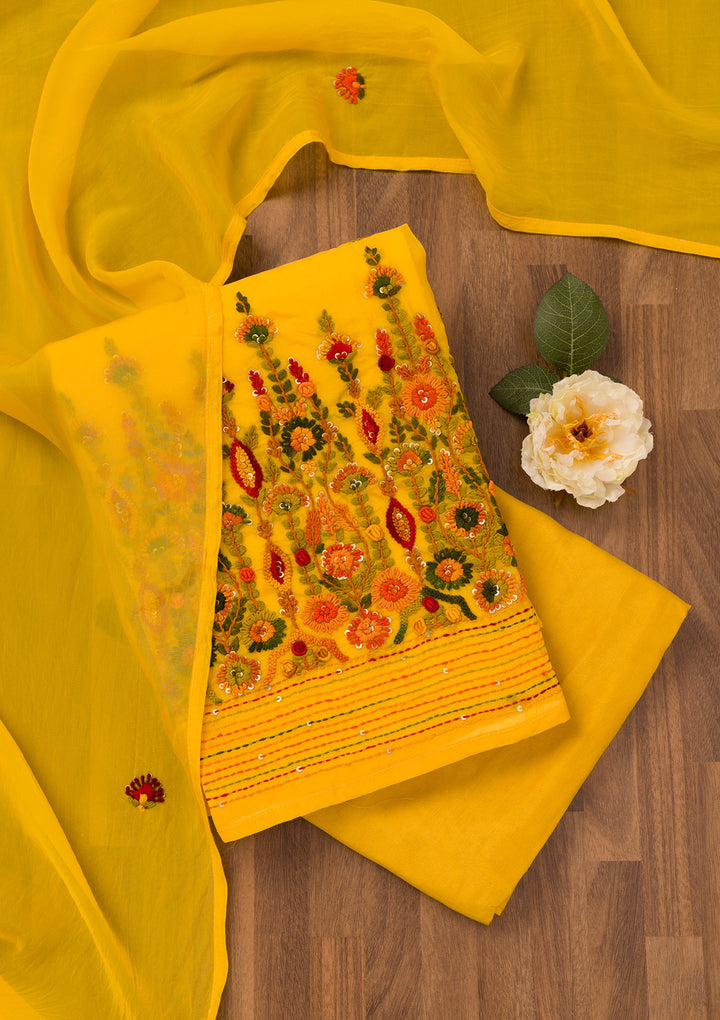 Yellow Threadwork Semi Crepe Unstitched Salwar Suit