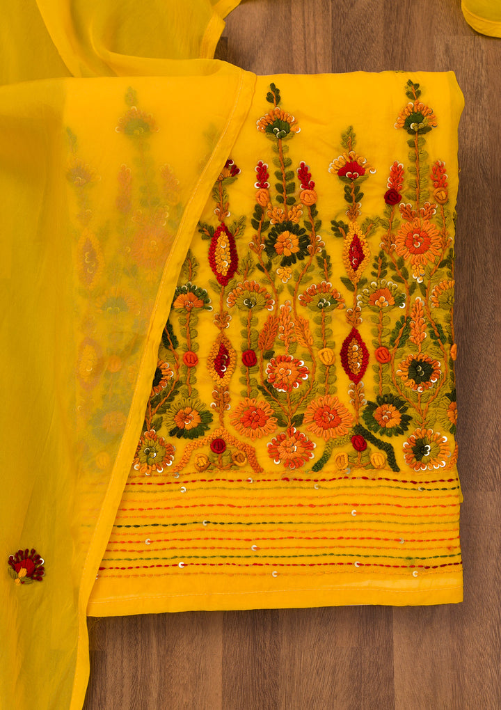 Yellow Threadwork Semi Crepe Unstitched Salwar Suit