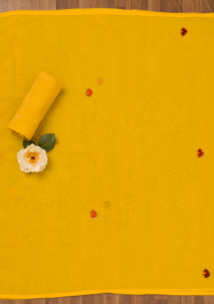 Yellow Threadwork Semi Crepe Unstitched Salwar Suit