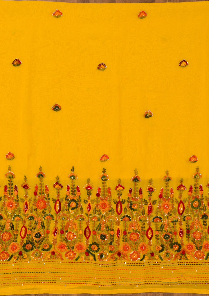 Yellow Threadwork Semi Crepe Unstitched Salwar Suit