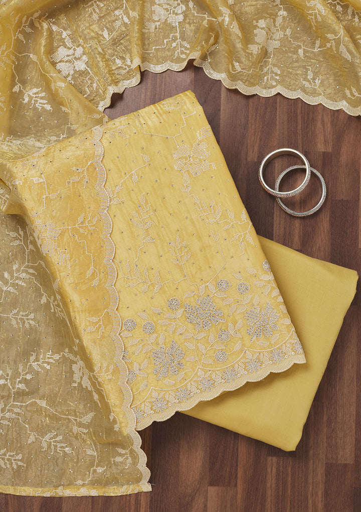 Yellow Threadwork Shimmer Unstitched Salwar Suit
