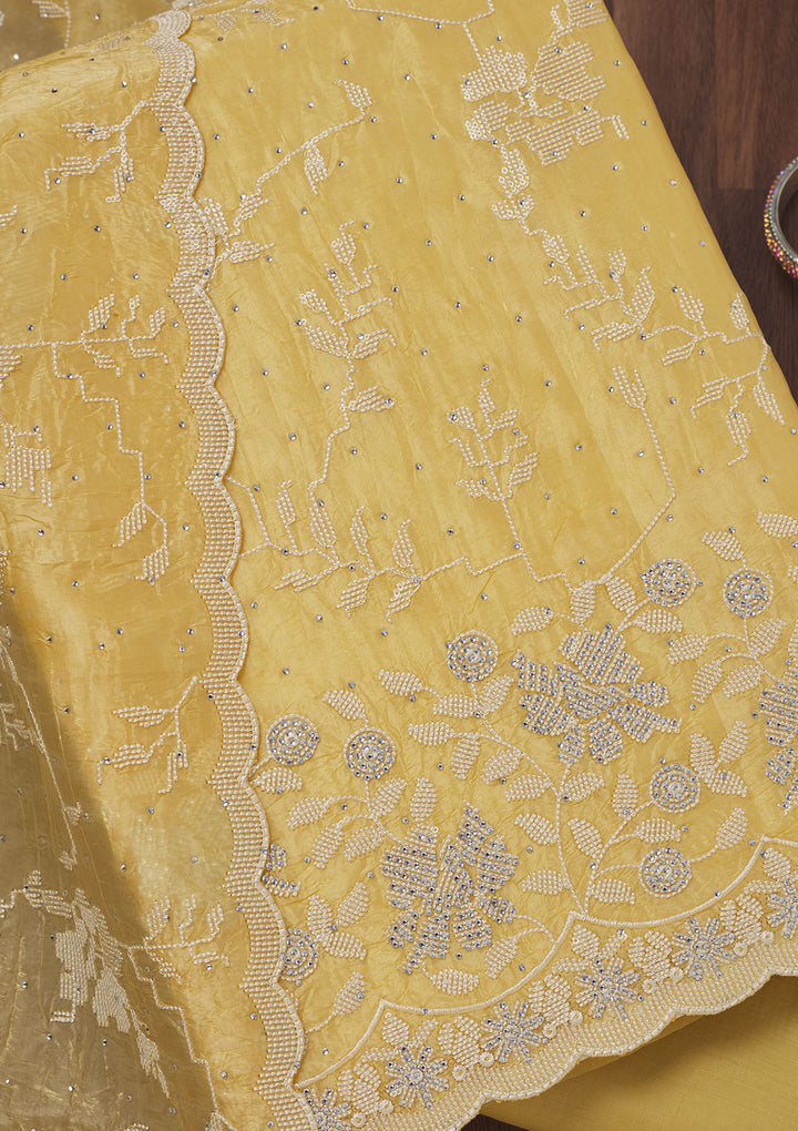 Yellow Threadwork Shimmer Unstitched Salwar Suit