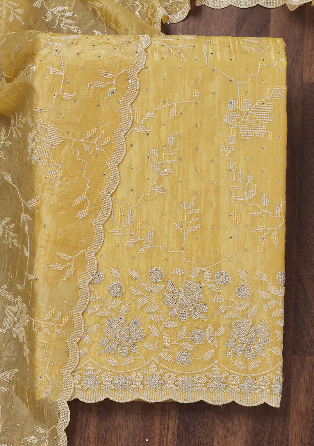 Yellow Threadwork Shimmer Unstitched Salwar Suit