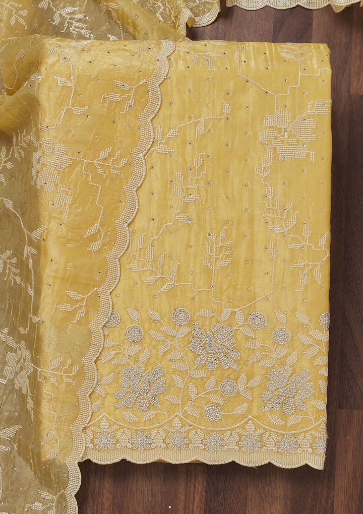 Yellow Threadwork Shimmer Unstitched Salwar Suit