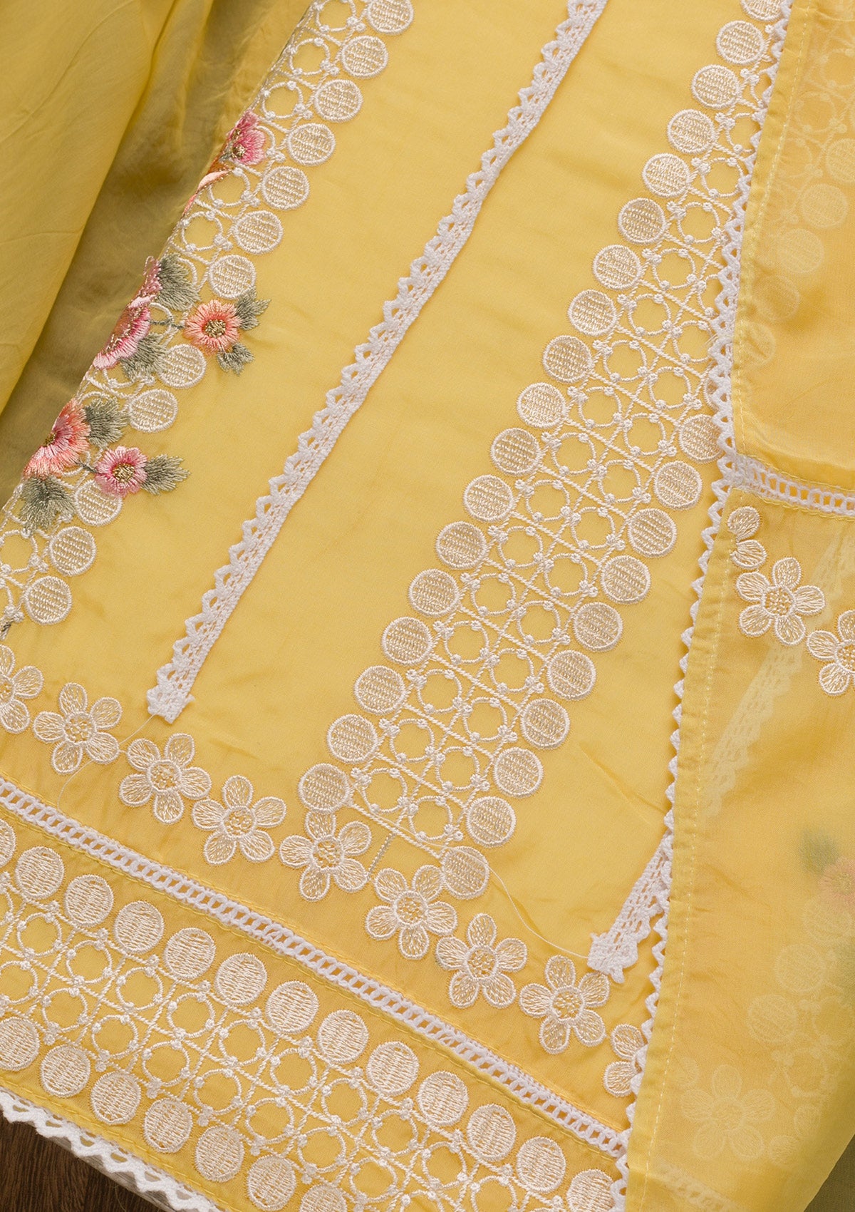 Yellow Threadwork Tissue Unstitched Salwar Suit