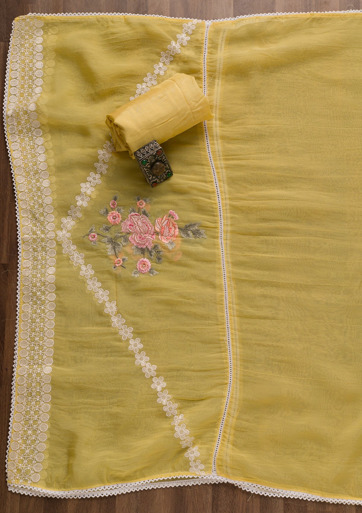 Yellow Threadwork Tissue Unstitched Salwar Suit