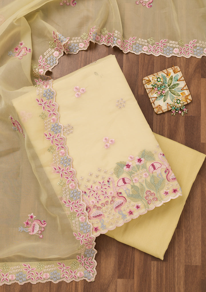Yellow Threadwork Tissue Unstitched Salwar Suit