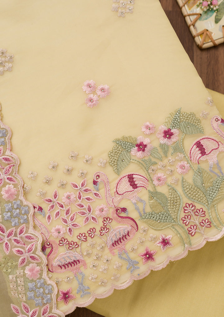 Yellow Threadwork Tissue Unstitched Salwar Suit