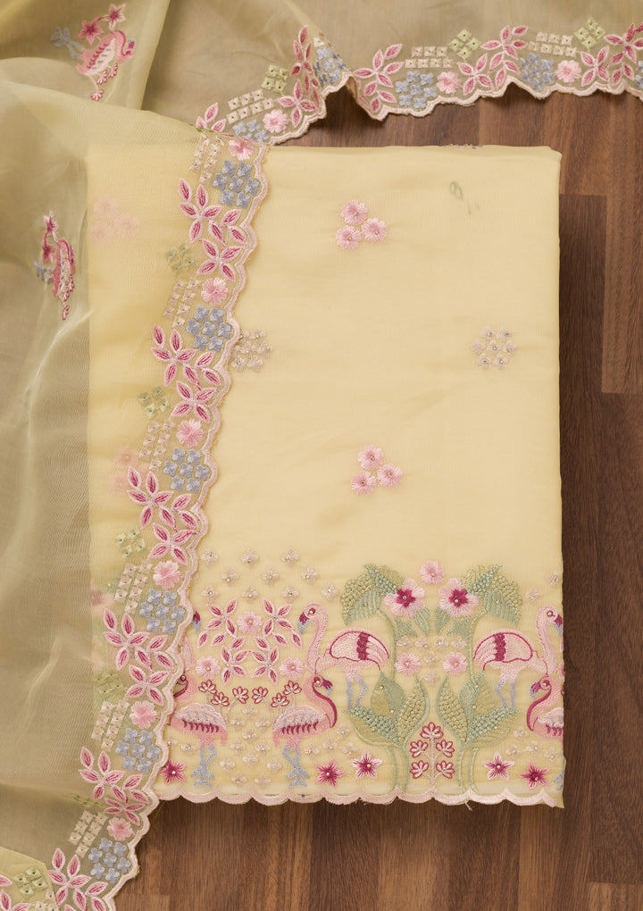Yellow Threadwork Tissue Unstitched Salwar Suit