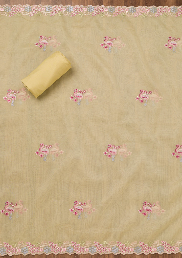Yellow Threadwork Tissue Unstitched Salwar Suit