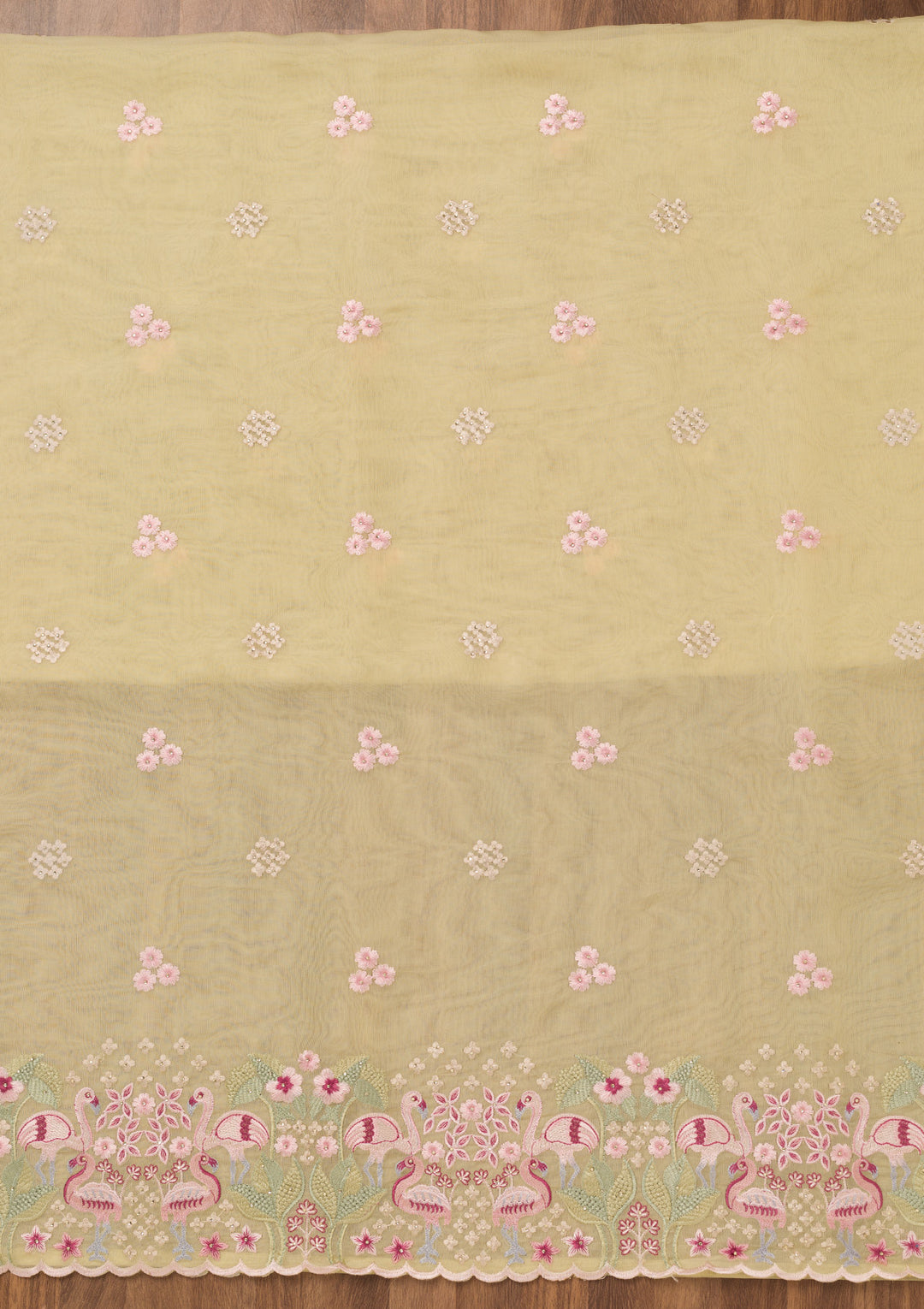 Yellow Threadwork Tissue Unstitched Salwar Suit