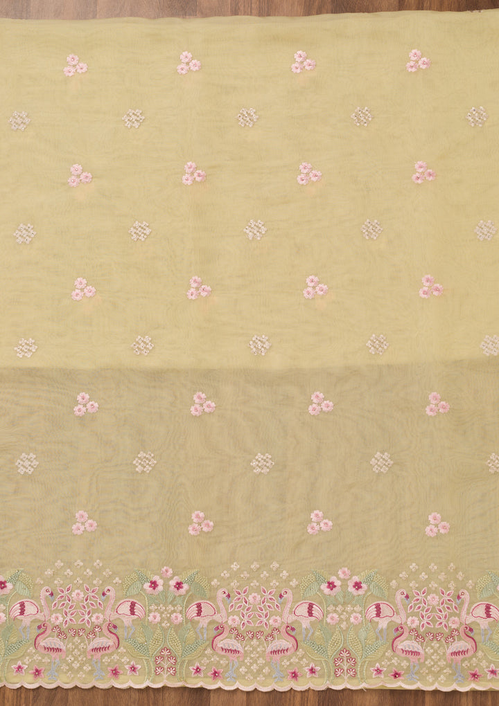 Yellow Threadwork Tissue Unstitched Salwar Suit