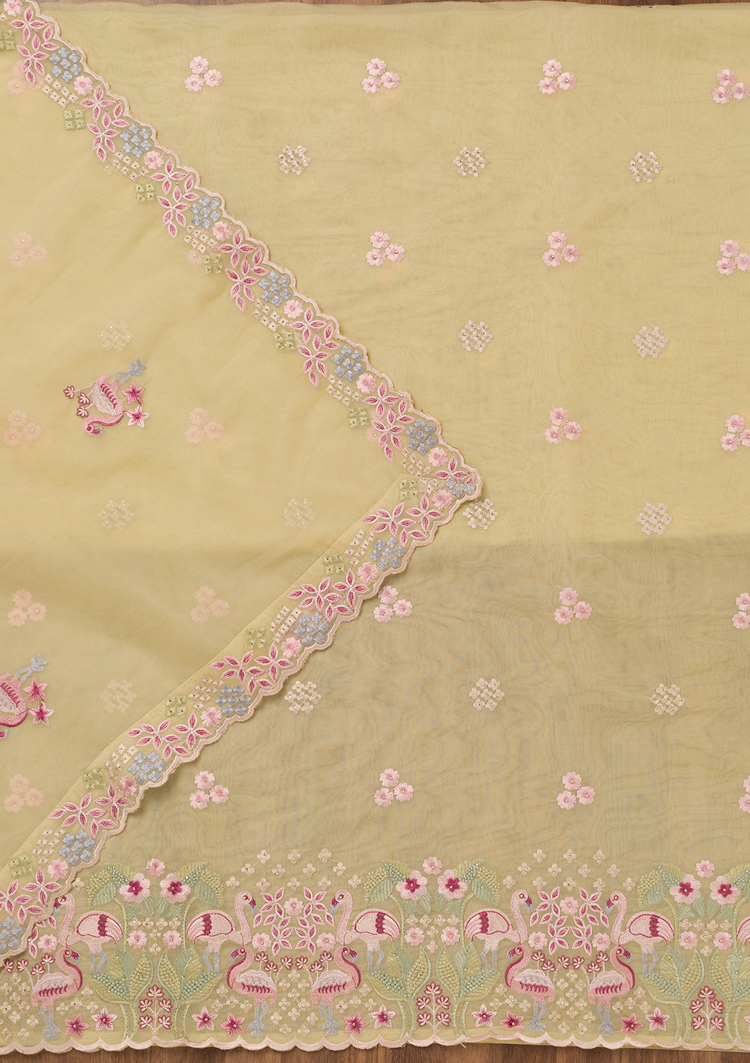 Yellow Threadwork Tissue Unstitched Salwar Suit
