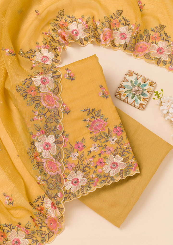 Yellow Threadwork Tissue Unstitched Salwar Suit