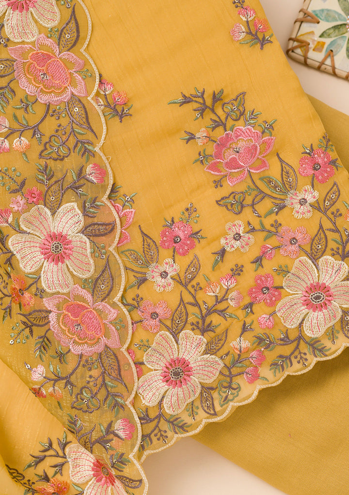 Yellow Threadwork Tissue Unstitched Salwar Suit