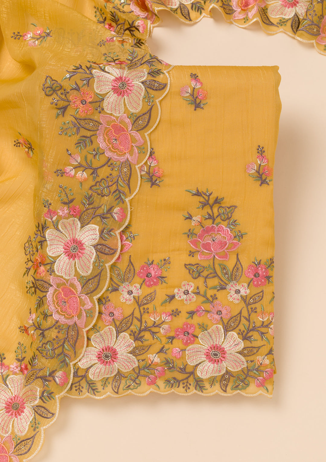 Yellow Threadwork Tissue Unstitched Salwar Suit