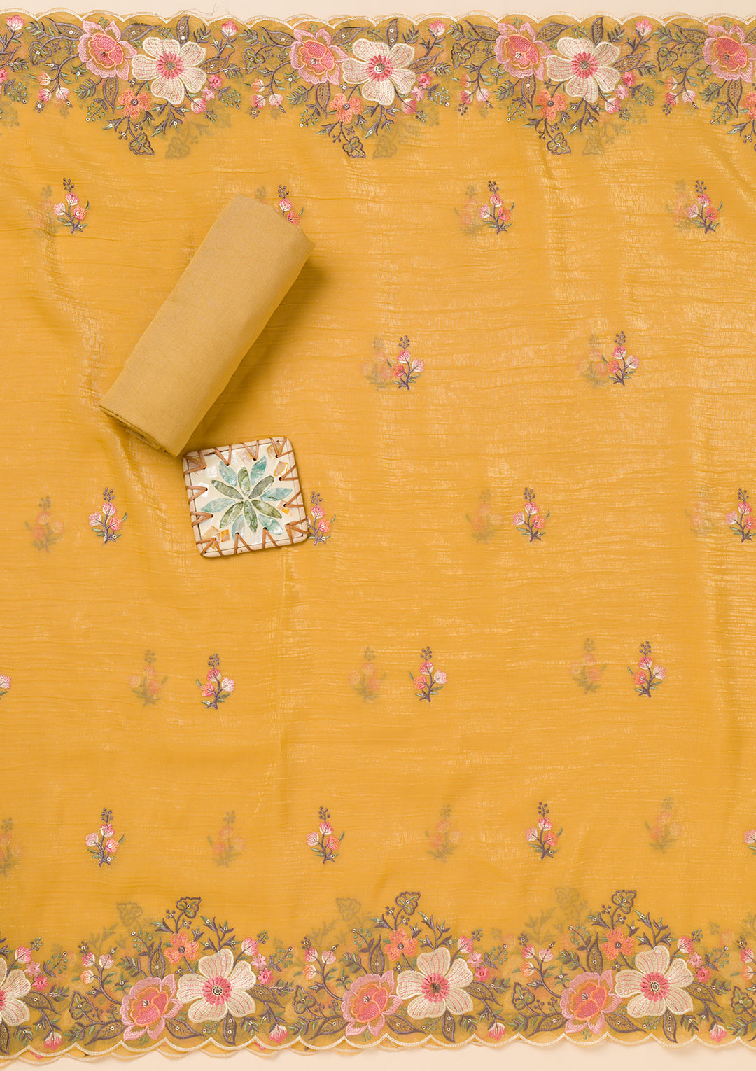 Yellow Threadwork Tissue Unstitched Salwar Suit