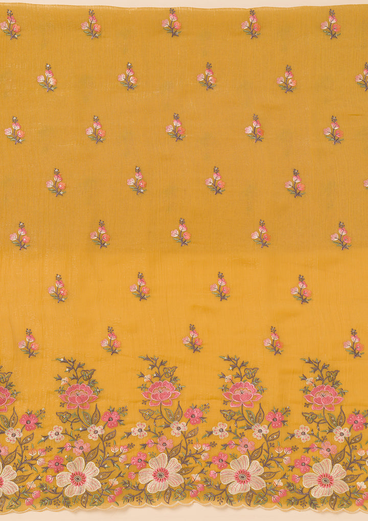 Yellow Threadwork Tissue Unstitched Salwar Suit