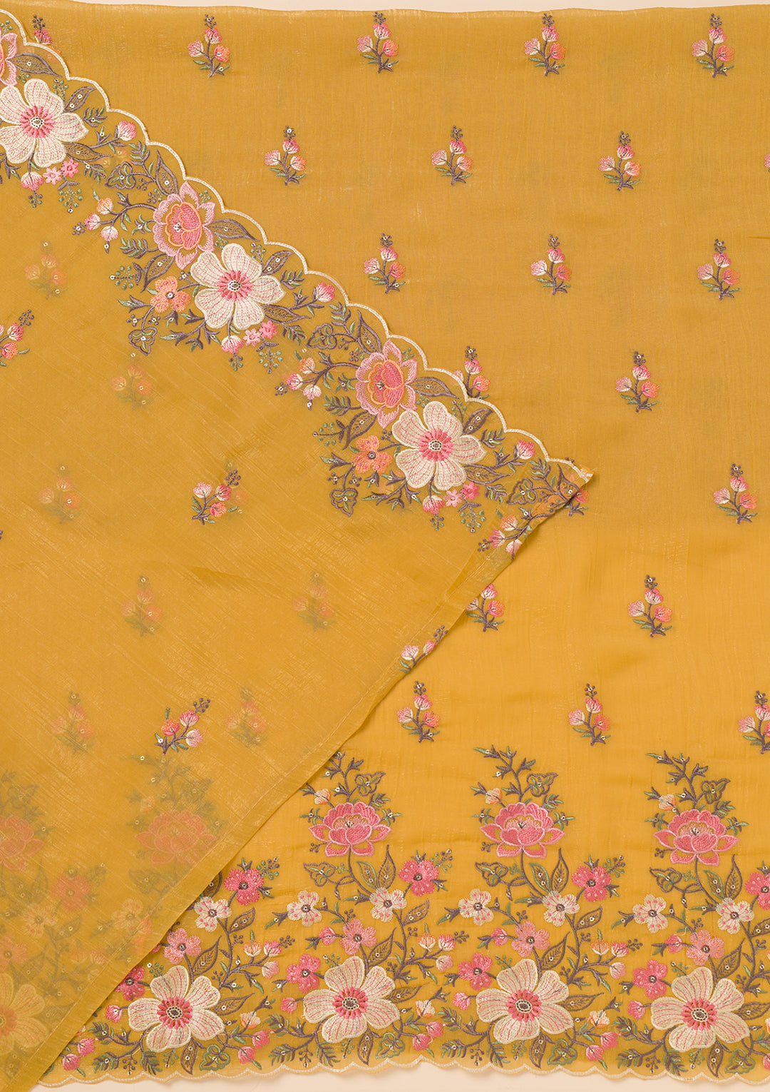 Yellow Threadwork Tissue Unstitched Salwar Suit