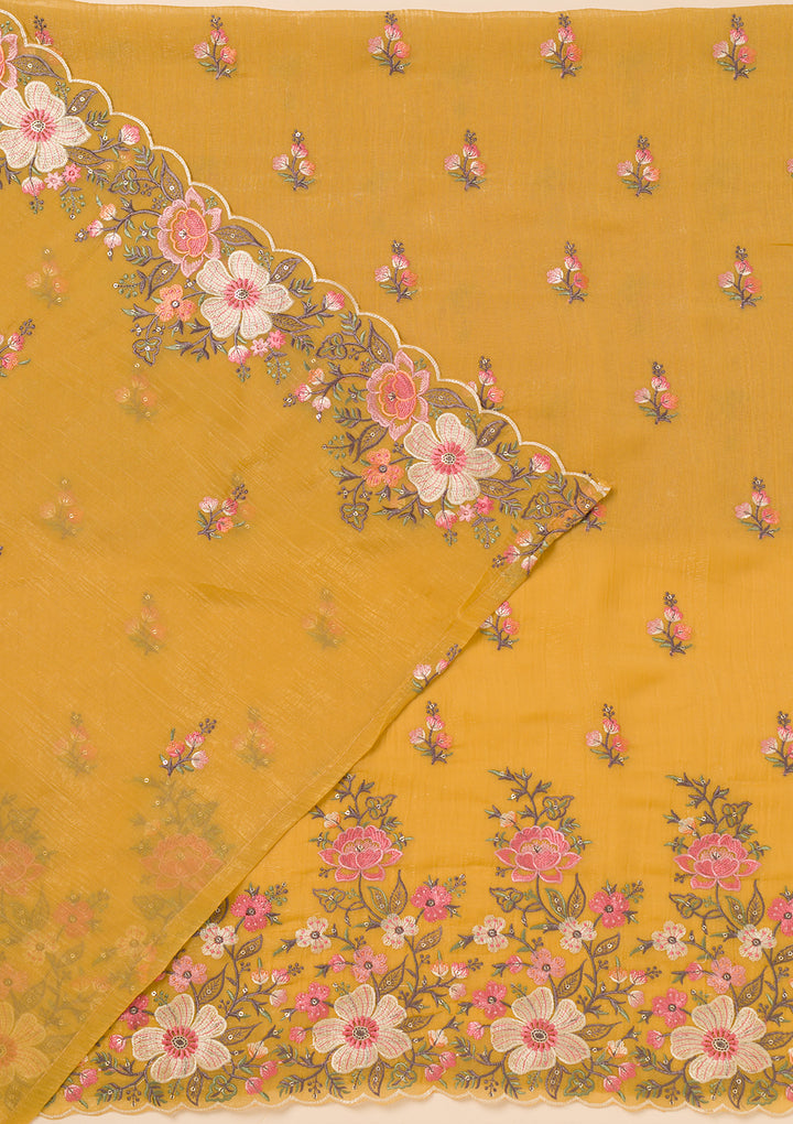 Yellow Threadwork Tissue Unstitched Salwar Suit