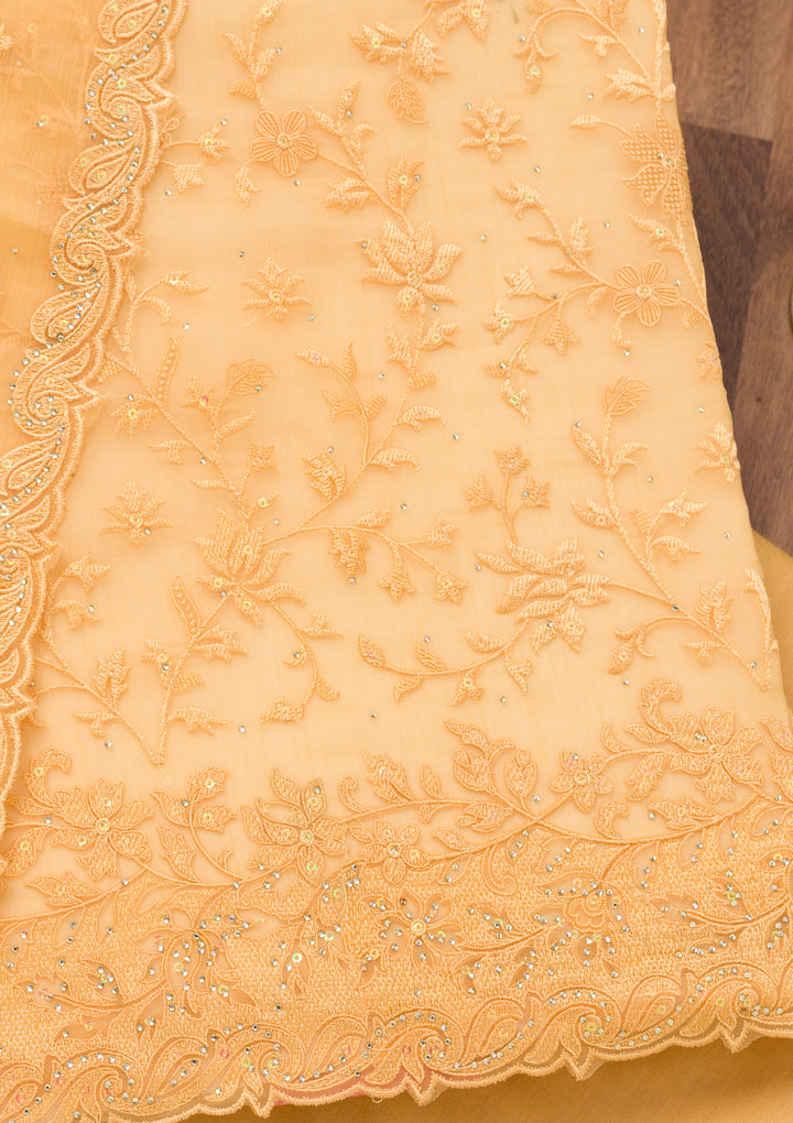 Yellow Threadwork Tissue Unstitched Salwar Suit