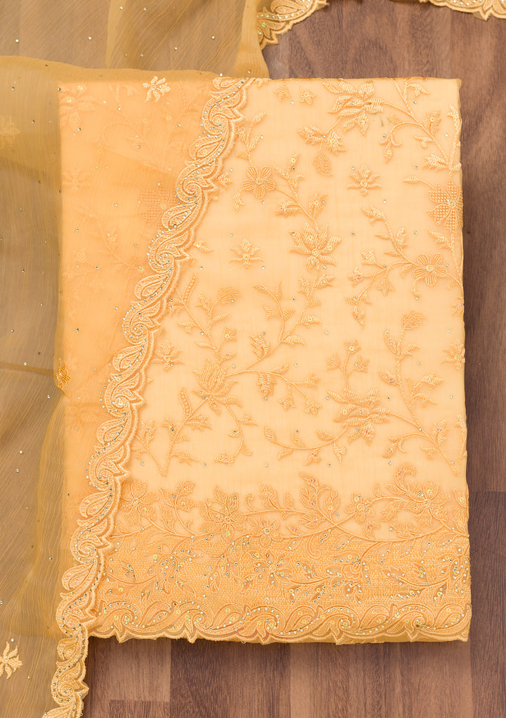 Yellow Threadwork Tissue Unstitched Salwar Suit