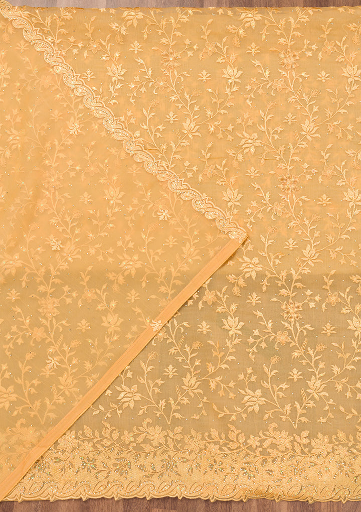 Yellow Threadwork Tissue Unstitched Salwar Suit