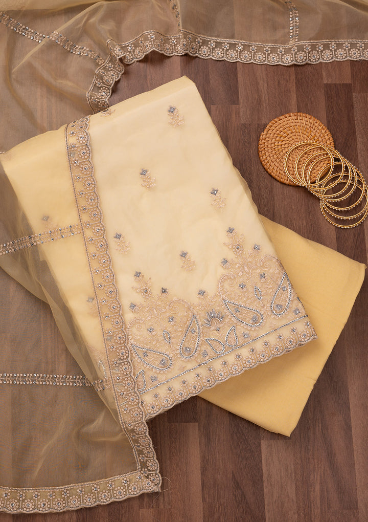 Yellow Threadwork Tissue Unstitched Salwar Suit
