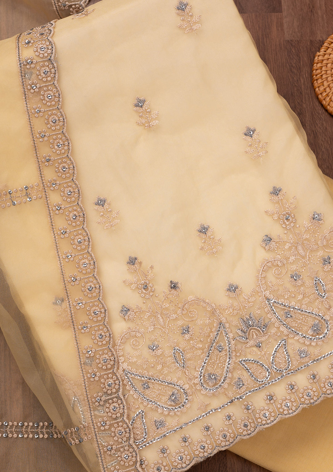 Yellow Threadwork Tissue Unstitched Salwar Suit