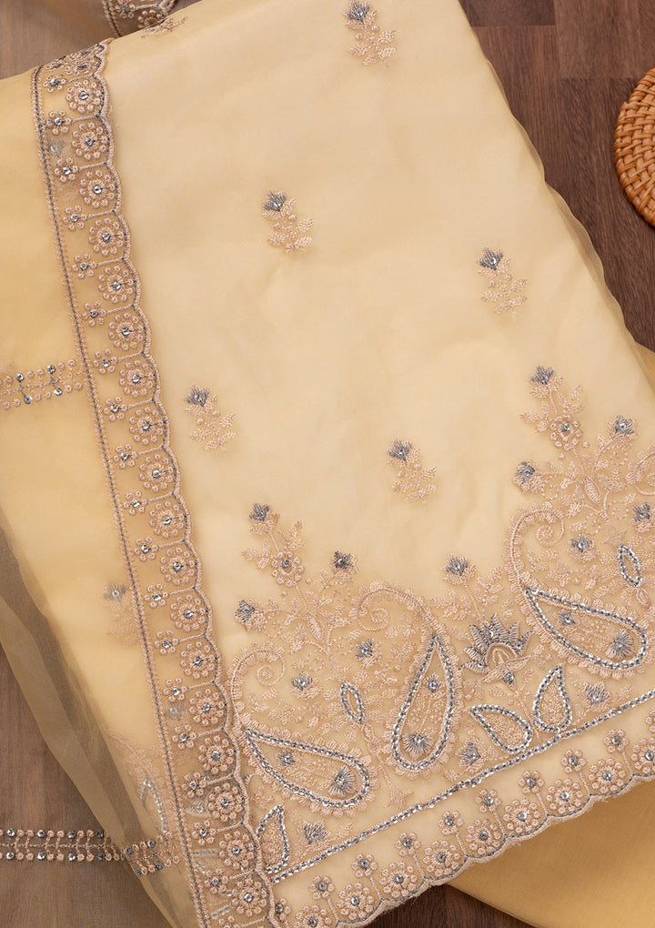 Yellow Threadwork Tissue Unstitched Salwar Suit